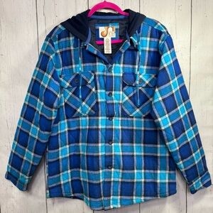 Vintage Op Ocean Pacific Blue Plaid Hooded Flannel Jacket Shirt Y2K Skater Surf